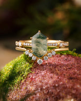 SAGE Long Hexagon Cut Moss Agate Engagement Ring Set Nature Vibe Bridal Set